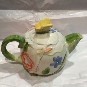 Cream‎ blue and orange flowers green spout yellow butterfly ceramic tea pot new